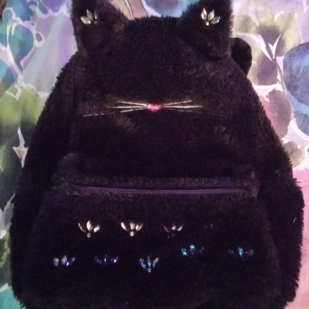 Blk Cat Fur With Ears Backpack with Sparkle Detail